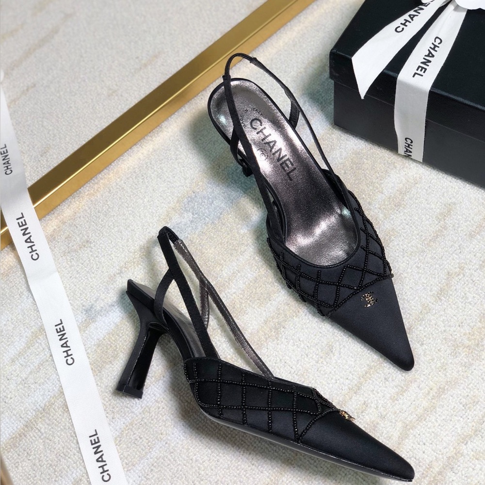 Chanel Satin Quilted Beaded Slingback Heels